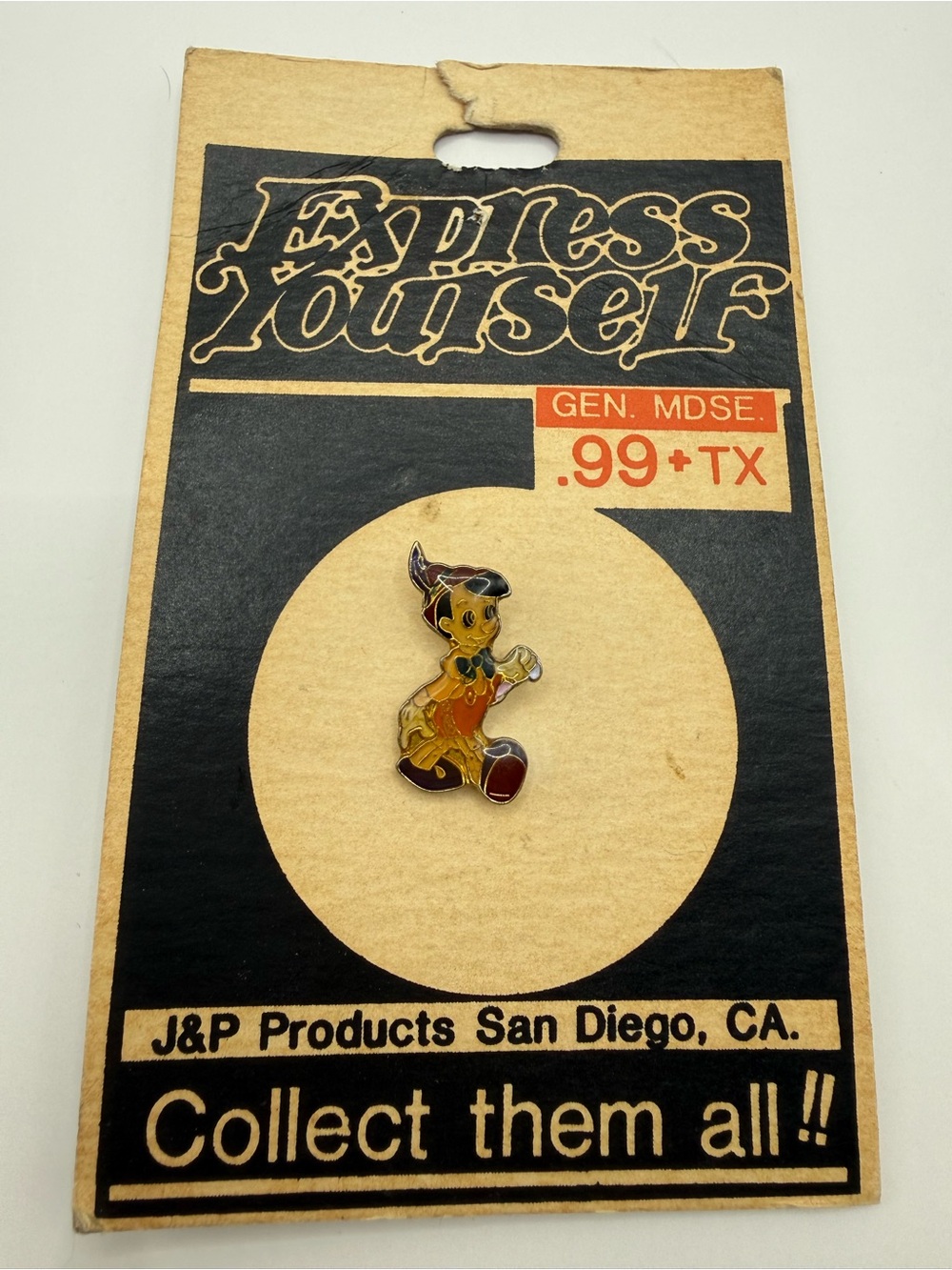 Vintage 70s 80s Disney Pinocchio Pin J&P Products San Diego Original Card NOS